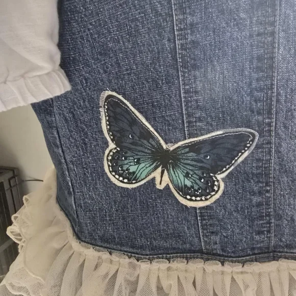 Upcycled Denim Vest with Ruffle Trim and Butterfly Patch Size Medium - Picture 10 of 11